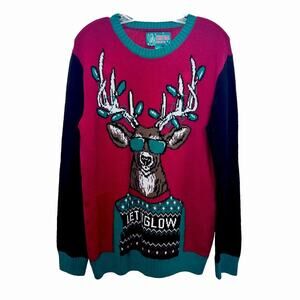 Christmas Reindeer Sweater Mens Large Red Green Light Up Let It Glow Party